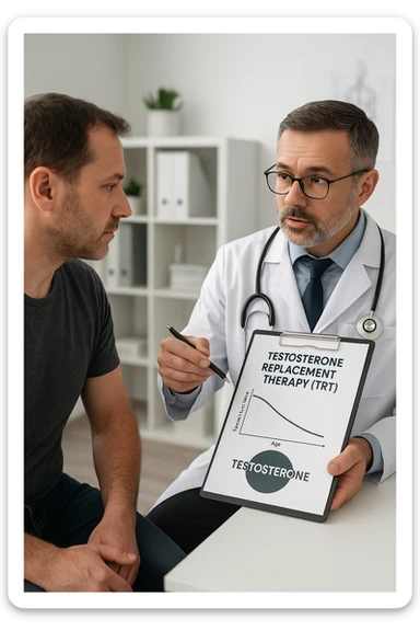 a man in his 40s sits in a doctor’s office, listening attentively as a physician explains TRT (Testosterone Replacement Therapy). The doctor holds a prescription pad and points to an educational chart showing testosterone levels. The mood is professional and informative, with a clean, clinical background. in italiano sticker
