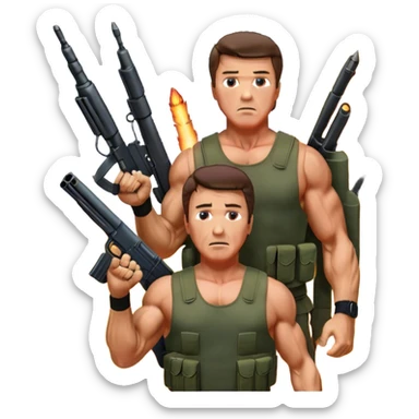 Icon for Action Movies: Close-up collage featuring Schwarzenegger in 'Commando' and  Stallone in 'Rambo', in bold poses. Background includes explosions, rockets flying, and machine guns. The style is reminiscent of a cinematic movie poster with intense, dramatic colors. Transparent background. sticker
