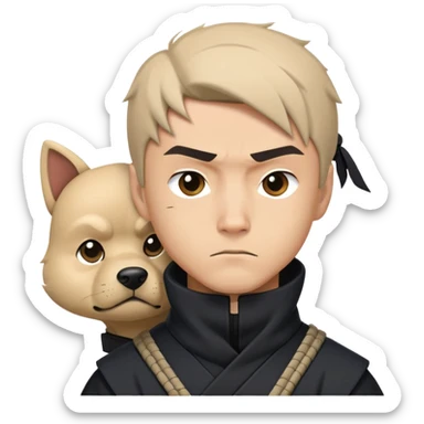 clash-of-clans-aesthetic_-cinematic-mysterious-male-ninja-portrait-emoji, rendered in a flat, vector-style with minimal shading and bold, simplified shapes,   with a head slightly turned revealing intense, focused eyes. the ninja is accompanied by a Ninken dog sticker