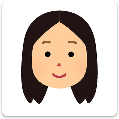Remove the neck completely, show only the face with straight hair split in the middle, in Irasutoya style illustration. Focus on the face and hair only, no neck visible. sticker