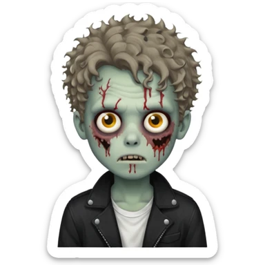 zombie boy messy curly hair black jacket white tee shirt sticker