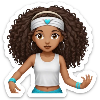 Dancing brown girl with long darn brown curly hair with headband hip hop sticker