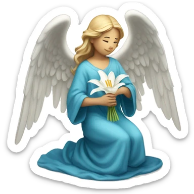 Angel in blue robe kneeling holding white lily sticker