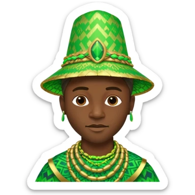 Create me an emoji of a cool Young Nigerian king wearing a neon green gradient African patterns with metallic "hula hat" (a Nigerian-inspired hat).  sticker