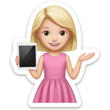 kid girl hold a tablet, pink dress sticker