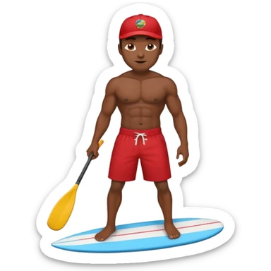 Dark, muscular surfer wearing red shorts and a baseball cap Hawaii sticker