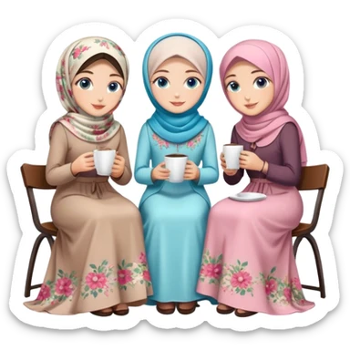 Turkish beautiful finish Konya girls blue eyes with floral Beauty hijab long tail dress and the two friends sits on the chair on the ground and holds cup coffe with her hand  sticker