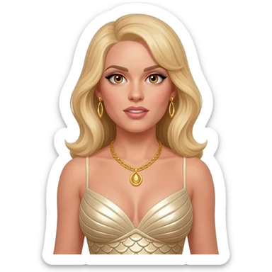 Honey Ryder from James Bond with hazel eyes, long blonde hair, ivory metallic mermaid dress, gold necklace, earrings sticker