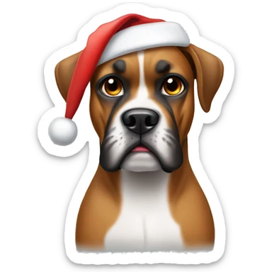 Make a dog that is the breed boxer wearing a Santa hat sticker