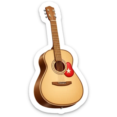 “Flat vector icon of a Cuban tres guitar in three-quarter view, warm brown, thick outline, centered on a warm cream or beige rounded-square (or circle); near the soundboard add a small red or pink heart with a soft glow and 2–3 tiny sparkles to suggest ‘soul’.  sticker