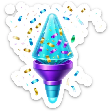 Futuristic glowing confetti popper emoji, holographic purple and cyan colors, emitting confetti and sparkles, dark background, vibrant celebration atmosphere, no face. sticker