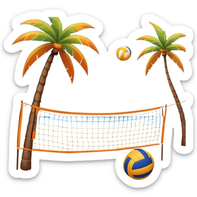 A volleyball resting on the orange sand ground of a beach, with a volleyball net in the background. The scene captures a sunny beach atmosphere with clear blue sea and sky, palm trees swaying, and people in swimsuits enjoying the vibrant surroundings sticker