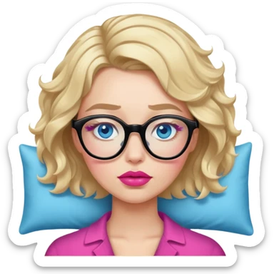 Blonde woman with short wavy hair, blue eyes and pink lips wearing black glasses falling asleep  sticker