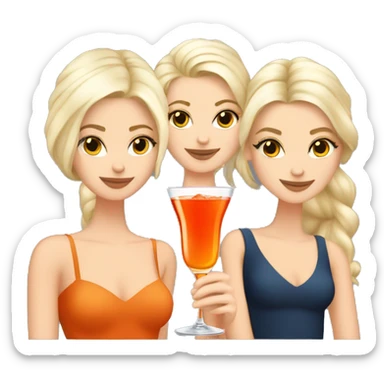 Four beautiful white european girls, one with blond hair and three with dark blond hair in dresses drinking aperol sticker
