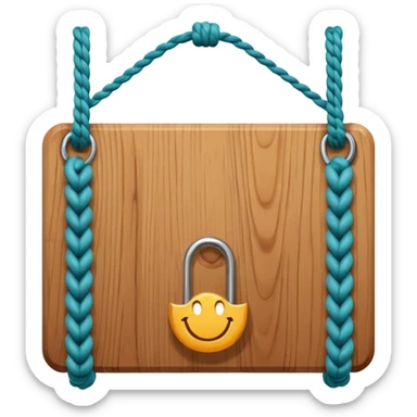 3D cartoon style wooden hanging signboard, smooth polished wood texture, rounded edges, detailed wood grain, thick twisted ropes going through holes on both sides, hanging rope knots visible, isolated on white background, soft shadow, high resolution, digital illustration, centered composition sticker