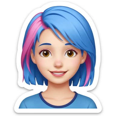 a girl with blue and pink hair, smiling from the side, very contagious smile, apple style emoji iOS 26 sticker