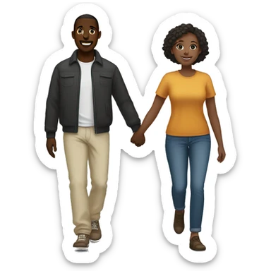 “A black Somali man with short hair and a white woman with dark brown hair holding hands and walking side by side, smiling and enjoying their time together sticker
