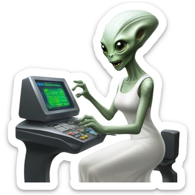  a Reptilian alien woman, in white dress, use a drive console sticker