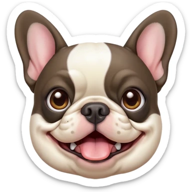 Cinematic Comical Pied French Bulldog Portrait Emoji, Head tilted with an exaggeratedly shocked, comical expression and wide, humorously expressive eyes, showcasing a distinctive pied fur of contrasting hues and a charmingly goofy face, simplified yet hilariously detailed, glowing with a sassy, playful radiance, high shine, exuding a mischievous and meme-worthy charm, styled with a soft glowing outline, capturing the essence of a Pied French Bulldog that looks ready to spark a viral laugh! sticker