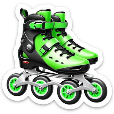 An icon showing a close-up of inline rollerblades resting on smooth asphalt in a park. The background features trees, grass, and a clear sky, with the vibrant green landscape creating a serene outdoor vibe. The skates' wheels are highlighted against the pavement. Transparent background  sticker