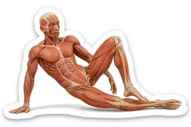 CORPO UMANO ANATOMICO REALISTICO CHE SVOLGE UN ESERCIZIO DI MOBILITà ALLE ANCHE, iperrealistico 4k sticker