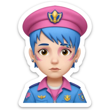 scout boy with very pink scout uniform, blue haired and hat, heavy face tattoed sticker