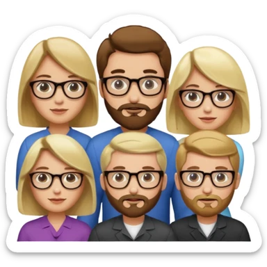A man with hair and glasses and  a woman with long brown hair and a man with a beard and a woman with a blonde bob sticker