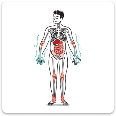Anti-inflammatory process medical diagram: transparent human body with glowing joints and organs, blue-green healing energy waves neutralizing red inflammation spots, clinical aesthetic with soft lighting and futuristic background sticker