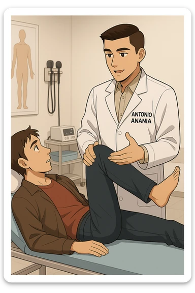 fai un webtoon manga a colori con questo stile, in cui un uomo è steso sul lettino medico e il kinesiologo con il camice bianco (fagli anche la scritta "ANTONIO ANANIA" SUL CAMICE, gli solleva una gamba per fargli il test neuromuscolare, IL KINESIOLOGO SPIEGA ALL'UOMO UNA cosa mentre gli alza la gamba. non fare i fumetti però, fai solo in modo che sembri stiano parlando, il lettino fai in modo che si veda tutto intero sticker