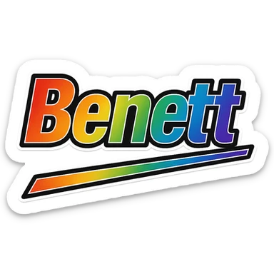 Benett name in masculine, modern gradient font with precise Hungarian characters, dark outline, extra thick, prominent white letter border, dynamic slanted underline, rainbow gradient colors, 1000x1000 px, PNG, transparent background sticker