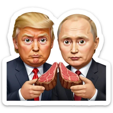 photorealistic Donald Trump and Putin eating a steak shaped like an piece of land sticker