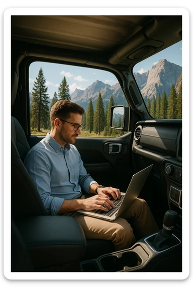 A person in business casual attire typing on a laptop in the back seat of a jeep, surrounded by mountain scenery, symbolizing remote work during a vacation. sticker