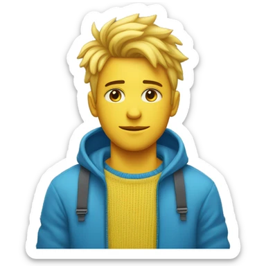 Garçon choqué aux cheveux et yeux bleu qui porte un pull bleu avec une étoile jaune sur un côté du pull sticker