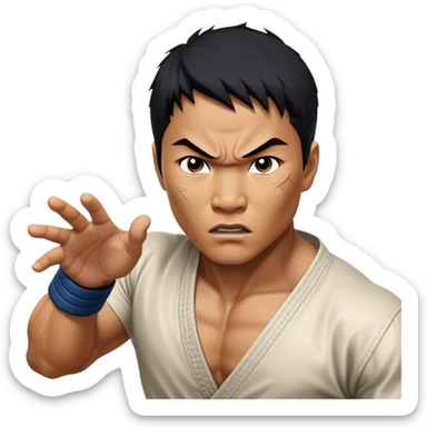 ​Cinematic Realistic Portrait of Tony Jaa, a close-up depiction capturing his intense, determined expression and finely detailed features, rendered with dramatic natural lighting that emphasizes his rugged athleticism and unmistakable martial arts presence, sticker