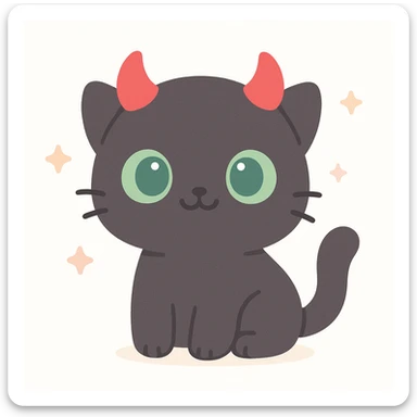 black cat with green eyes and demon horns, cute cartoon style sticker