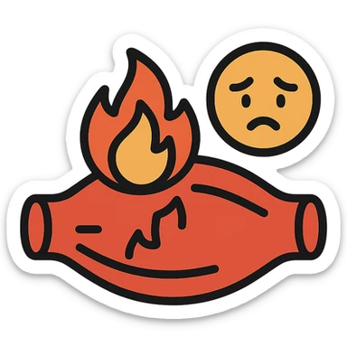 inflamed muscle or joint with fire symbol, sad face, orange-red color palette, medical cartoon icon sticker