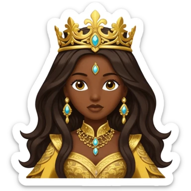 Bilquis from American Gods with dark skin, dark brown long hair, gold outfit sticker