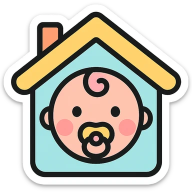 vector icon of a baby house, pastel color palette, flat design, rounded edges, white background, simple icon style sticker