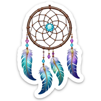 Iridescent shiny transparent crescent nebula Dreamcatcher-suncatcher hanging from a thread, with gemstones, and beads sticker