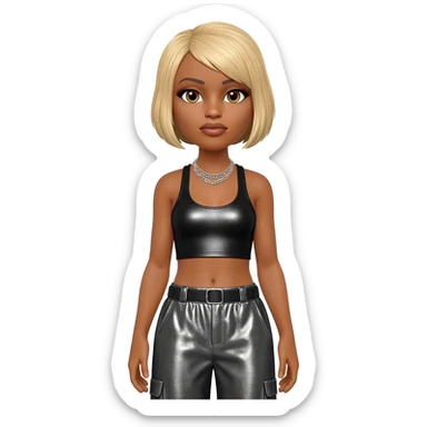 T- Boz from TLC with brown eyes, blonde short hair, black metallic crop top, charcoal metallic baggy pants, silver necklace sticker