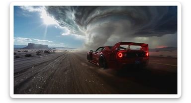Cinematic still of a ferrari f40 around tornado od arizona desert, sun flare, captured by gopro hero with effect fisheye, water drops on car body, detailed, inspired by interstellar look sticker
