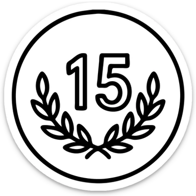 Minimalist icon for 15 Years in Tourism Industry in black outlined style with the same color code and format as the reference images. Place a number 15 with a laurel or ribbon inside the circle. sticker