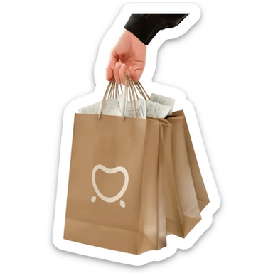 POV shot of a hand holding several minimalist shopping bags while walking outside, including a brown paper shopping bag with white branding and folded receipts sticking out, neutral tones, casual street setting with pavement visible below, soft natural dayligh sticker