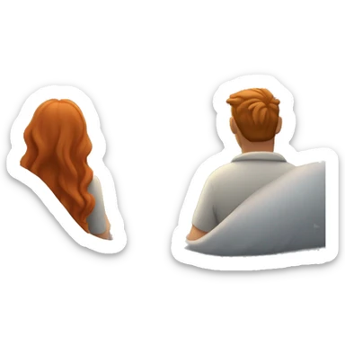 A view from behind a couple who are in a bed, just covered with a sheet that are watching a distant mountain top sunset. She has long red hair, he has light brown hair, short grey beard. sticker