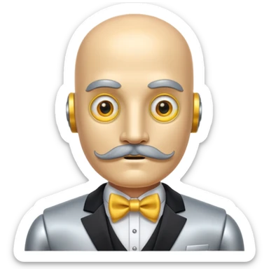 Silver robot with thick moustache, no hair, yellow eyes without pupils, wearing a tuxedo, buff sticker