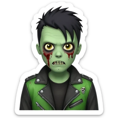 Hombre zombie de piel verde con chaqueta de cuero punk, pelo negro sticker