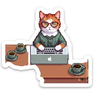 redhead cat with glasses working on a MacBook, surrounded by coffee cups, busy vibe, pixel art style sticker