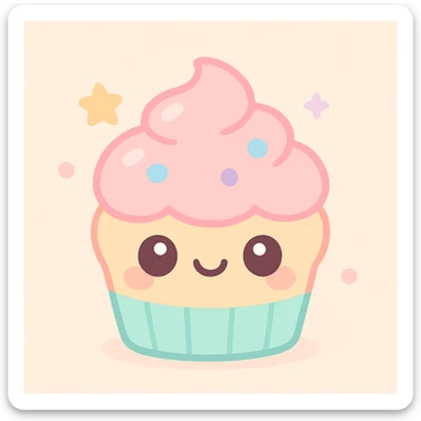 cupcake with pink icing, kawaii style, smiling face sticker