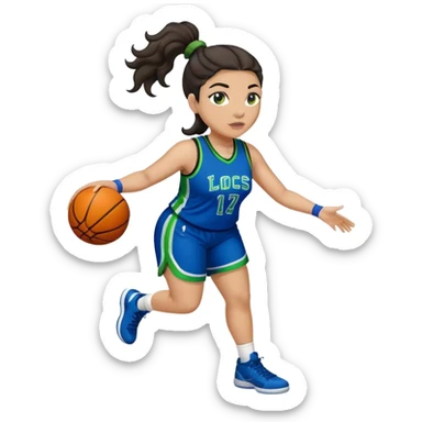 full body plus size light skin latino women basketball player with wavy dark hair in pony tail wide nose wearing blue uniform with green accent sticker
