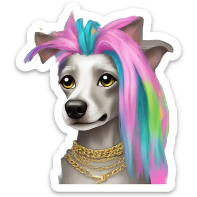 Punk Chinese crested dog neon rainbow hair gold chain punk piercings tattoos punk ear piercings sticker
